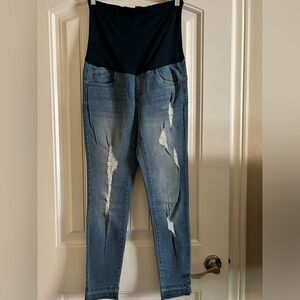 Haute Mama Women's Full Belly Panel Lightly Ripped Maternity Jeans Size Small